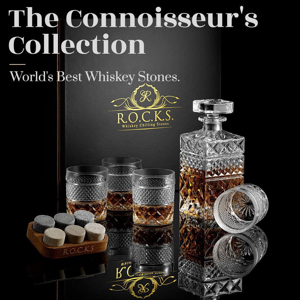 Set Whiskey cu Decantor, 4 Pahare Cristal & Pietre Granit