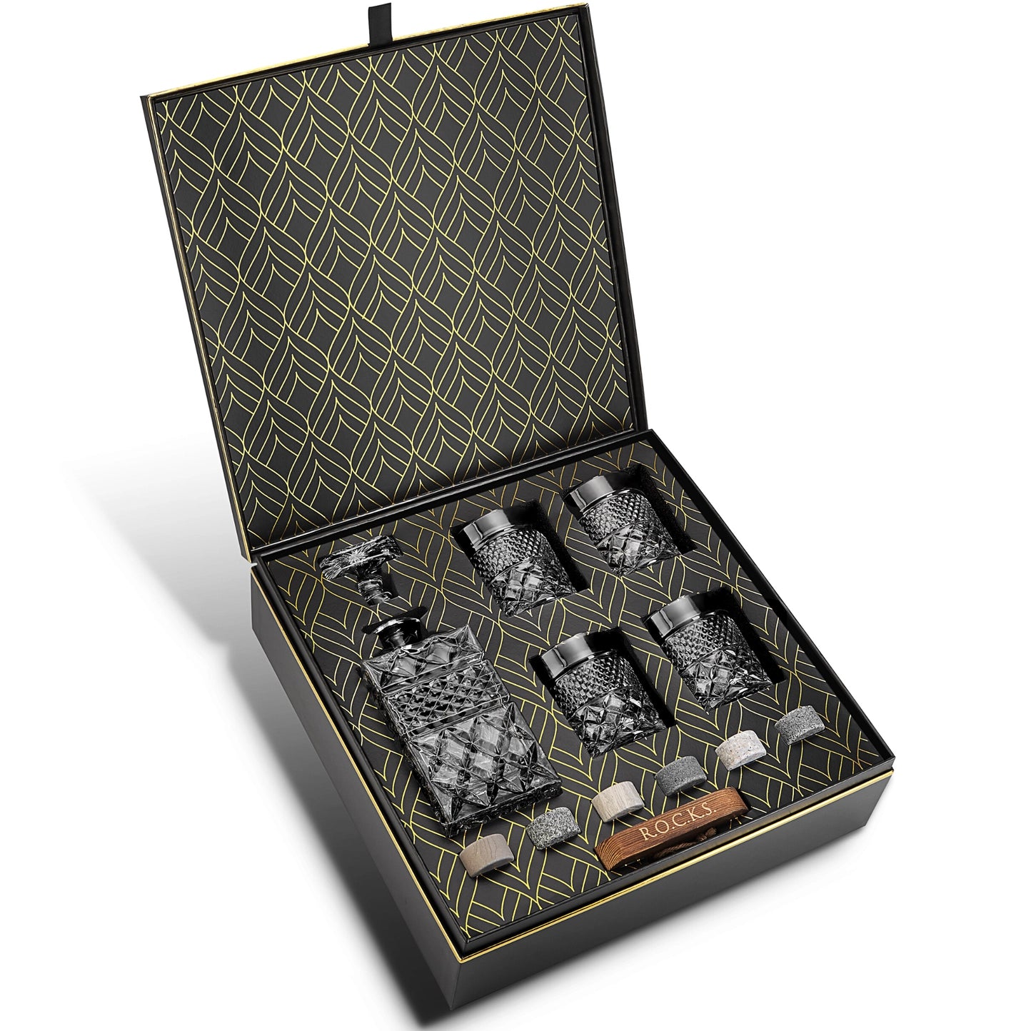 Set Whiskey cu Decantor, 4 Pahare Cristal & Pietre Granit