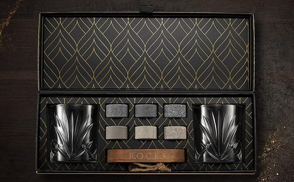 Set Cadou Pahare Whiskey "Palm" & Pietre Granit