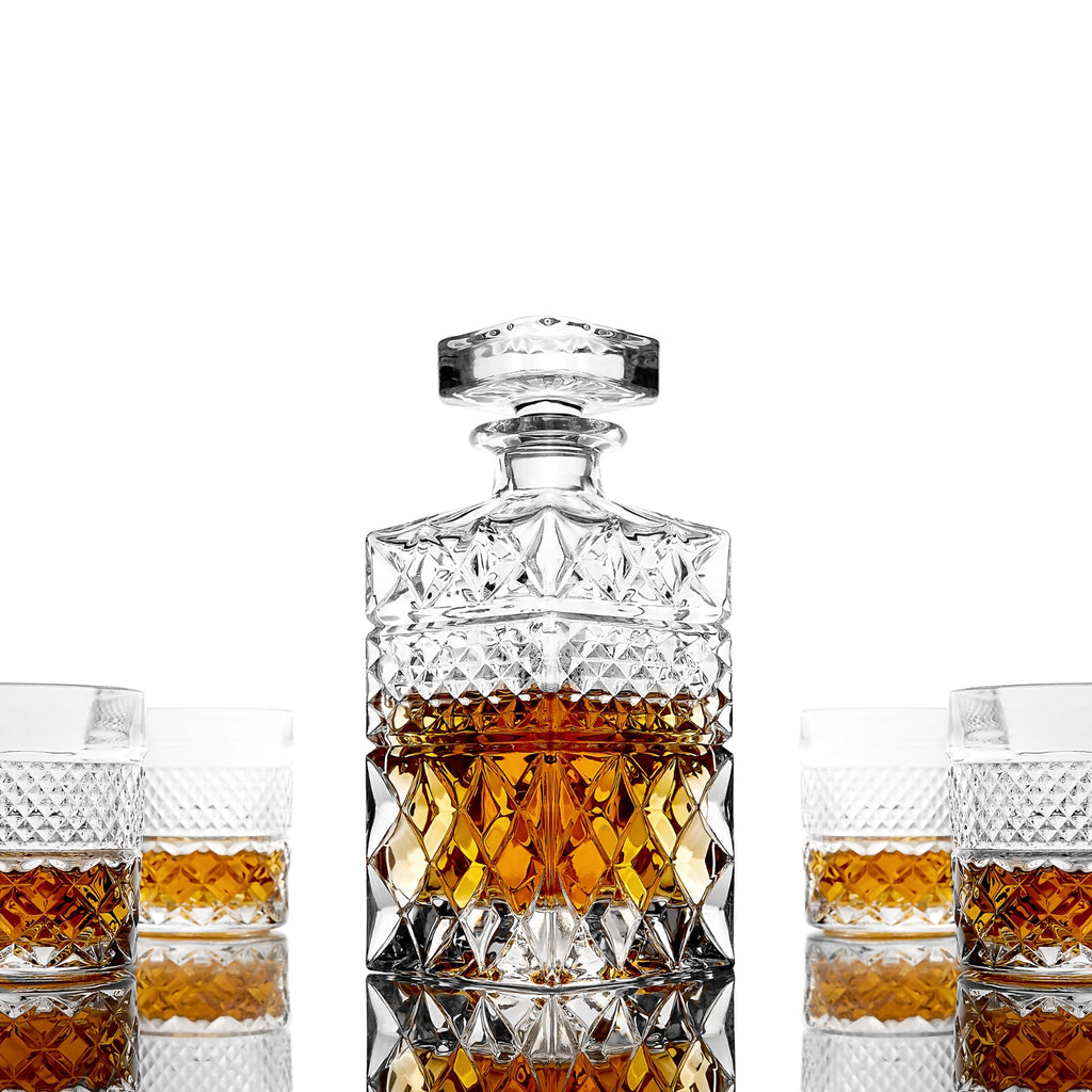 Set Whiskey cu Decantor, 4 Pahare Cristal & Pietre Granit